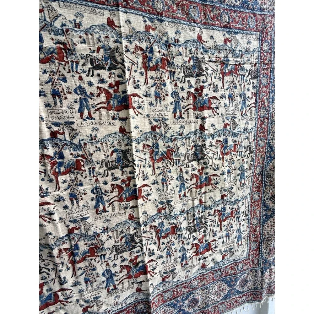 Antique Persian Fringed Cloth Tapestry Qajar Hunting & Polo Scene 52 X 52